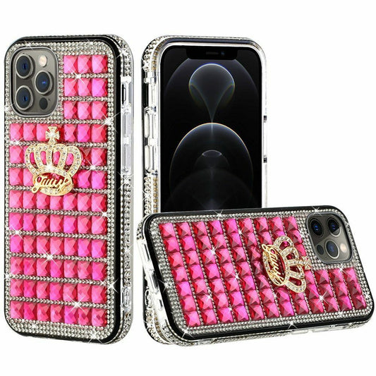iPhone 13 Bling Case, Girls Women 3D Luxury Sparkle Glitter Diamond Crystal Rhinestone Pumpkin Car Charm Pendant Protective Case Cover for iPhone 13 6.1 inch (PINK CROWN)