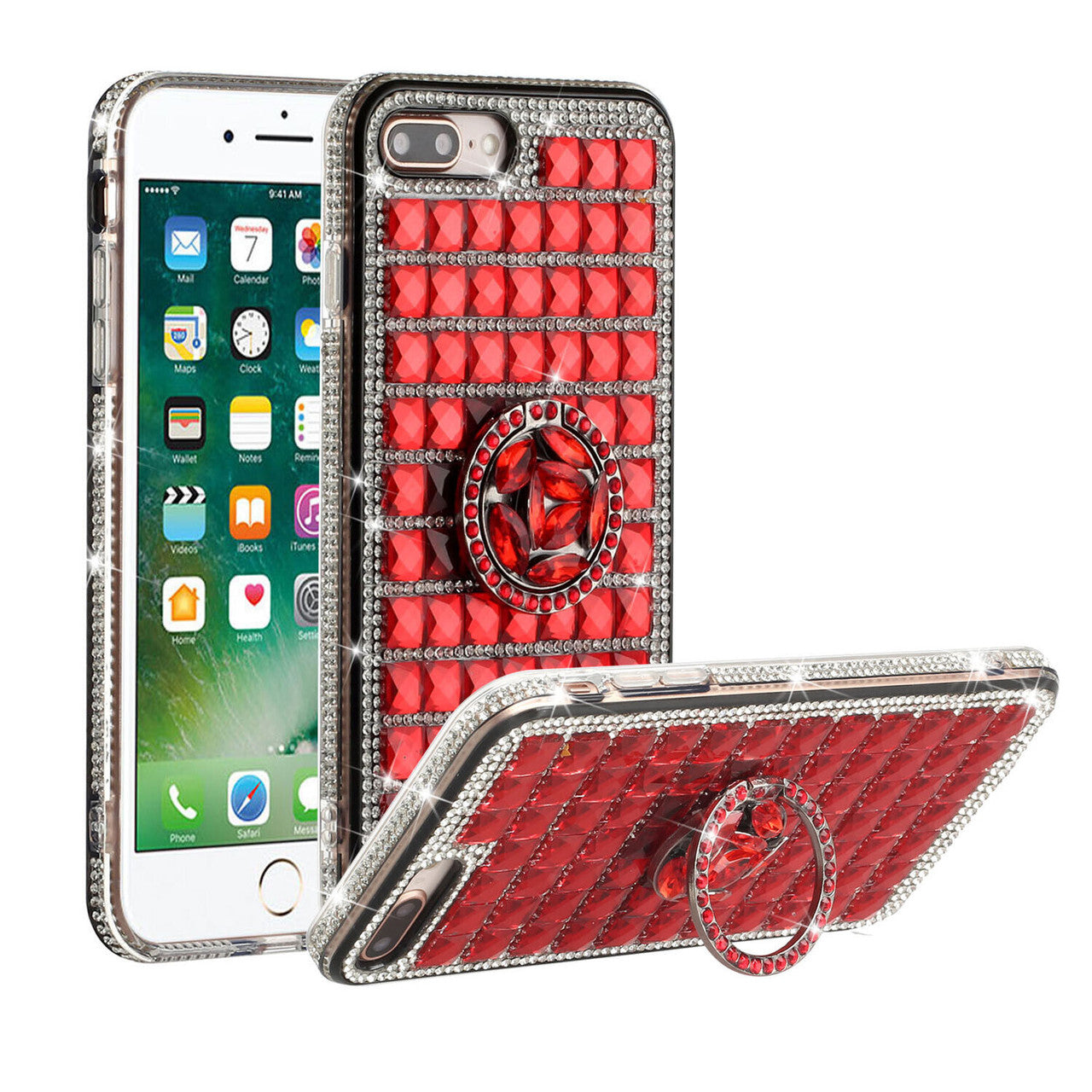 iPhone 12 Mini Full Bling Case with [Ring Kickstand] Cute Glitter Sparkle Bling Diamond Rhinestone -Red