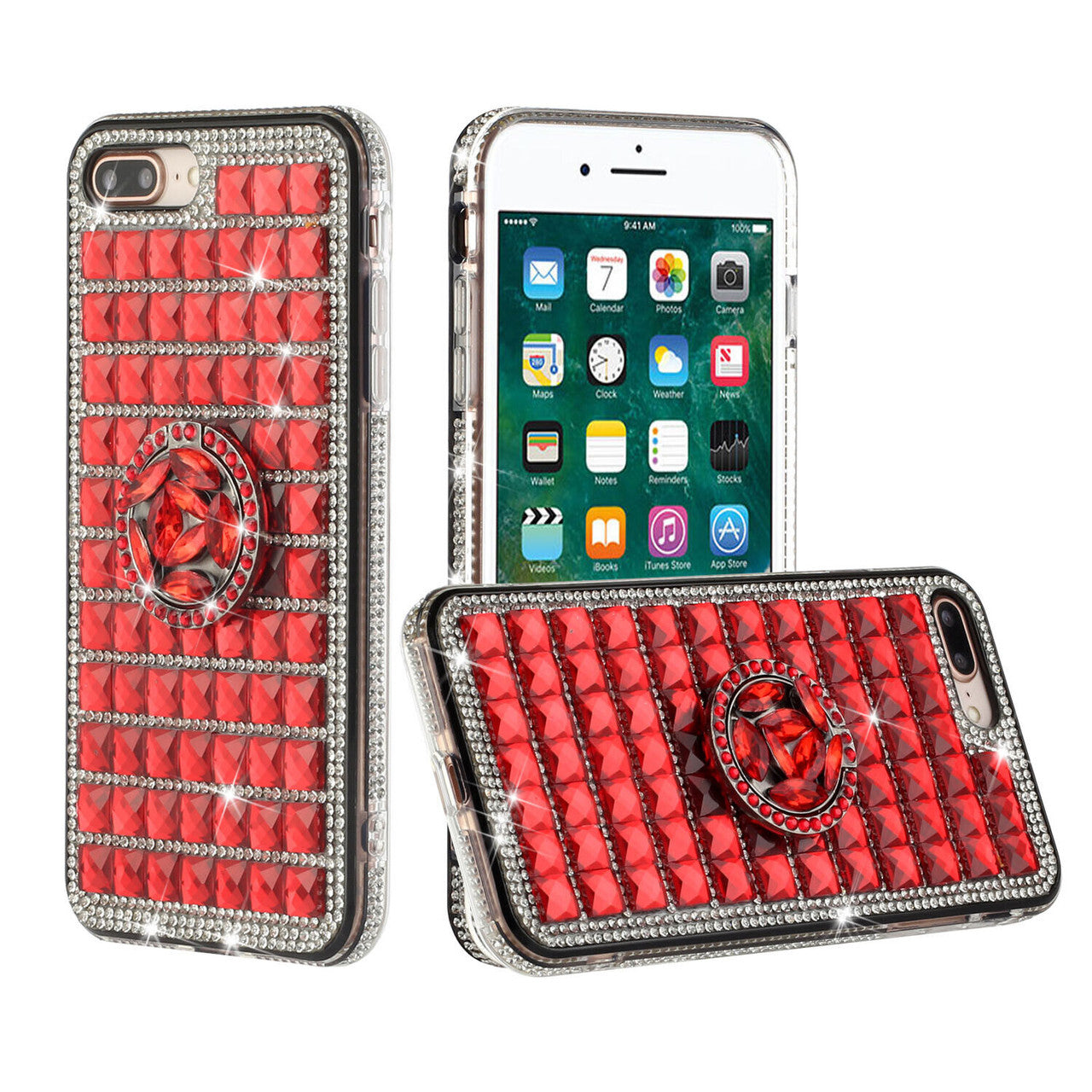 iPhone 12 Mini Full Bling Case with [Ring Kickstand] Cute Glitter Sparkle Bling Diamond Rhinestone -Red