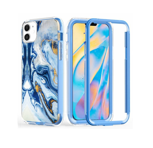 iPhone 12 mini  Case with Protecion, 2 in 1 Durable Hard PC+Soft Silicone Heavy Duty Shockproof Full Body Phone Protective Case Cover - Marble Pattern Blue