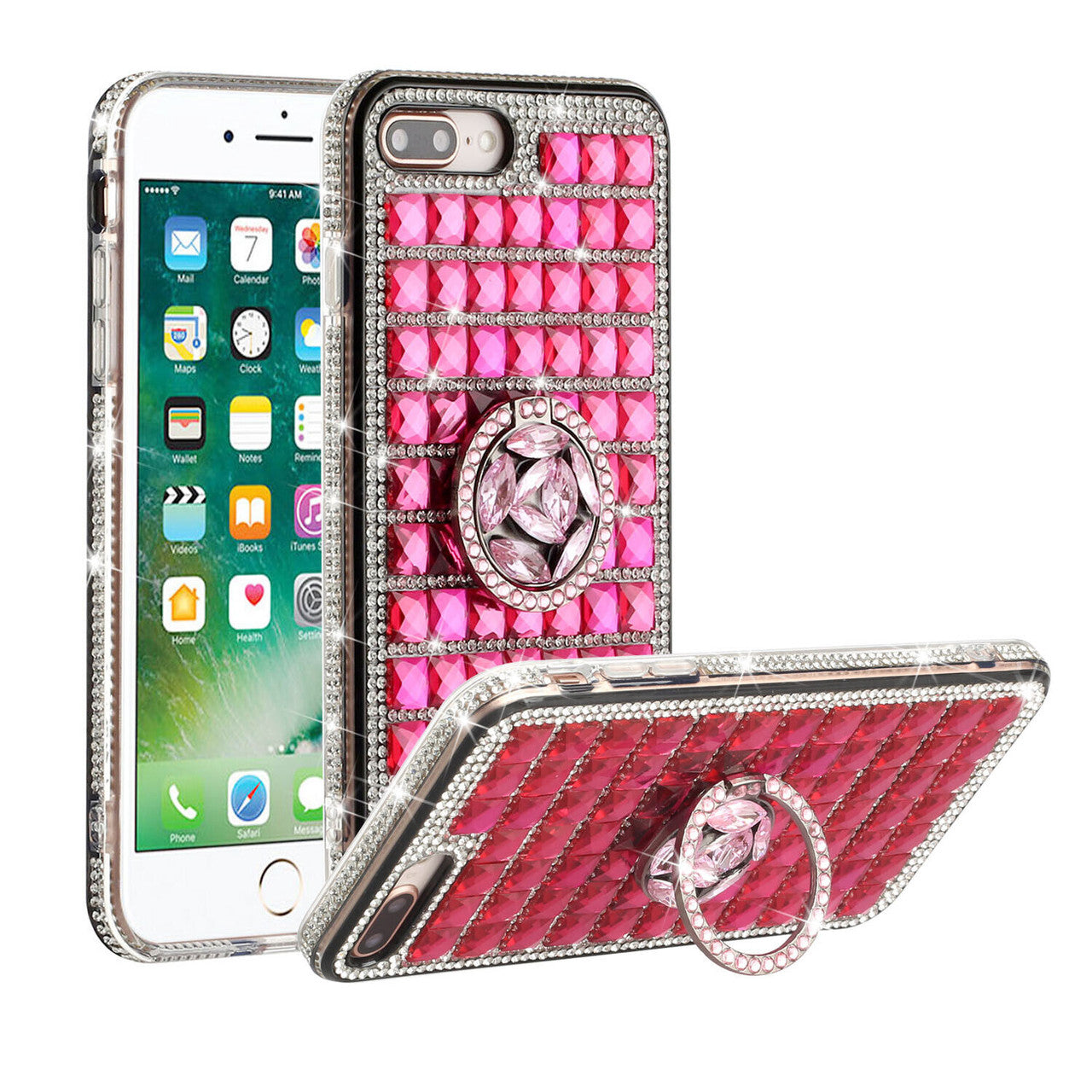 iPhone 12 Mini Full Bling Case with [Ring Kickstand] Cute Glitter Sparkle Bling Diamond Rhinestone - Pink