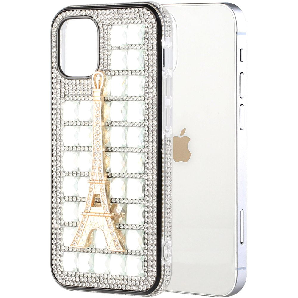 iPhone 12 iPhone 12 Pro Bling Case, Girls Women 3D Luxury Sparkle Glitter Diamond Crystal Rhinestone Pumpkin Car Charm Pendant Protective Case Cover for iPhone 13 6.1 inch ( Eiffel Tower Diamond)