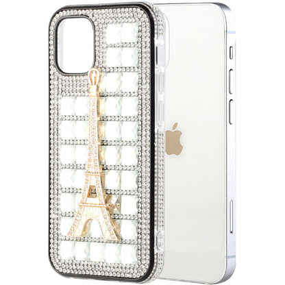 iPhone 12 iPhone 12 Pro Bling Case, Girls Women 3D Luxury Sparkle Glitter Diamond Crystal Rhinestone Pumpkin Car Charm Pendant Protective Case Cover for iPhone 13 6.1 inch ( Eiffel Tower Diamond)