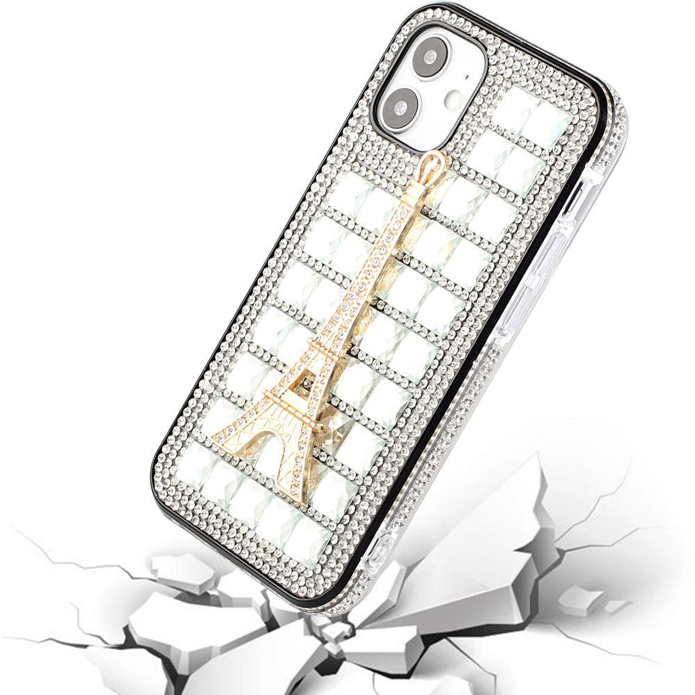 iPhone 12 iPhone 12 Pro Bling Case, Girls Women 3D Luxury Sparkle Glitter Diamond Crystal Rhinestone Pumpkin Car Charm Pendant Protective Case Cover for iPhone 13 6.1 inch ( Eiffel Tower Diamond)