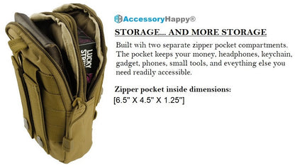 AccessoryHappy Premium Outdoor Hunting Tactical Holster Waist Cell Phone Pouch MOLE System fits Single Pistol Magazine, Knife, Flashlight, Sheath, Airsoft Hunting Ammo and Much More (Tan)